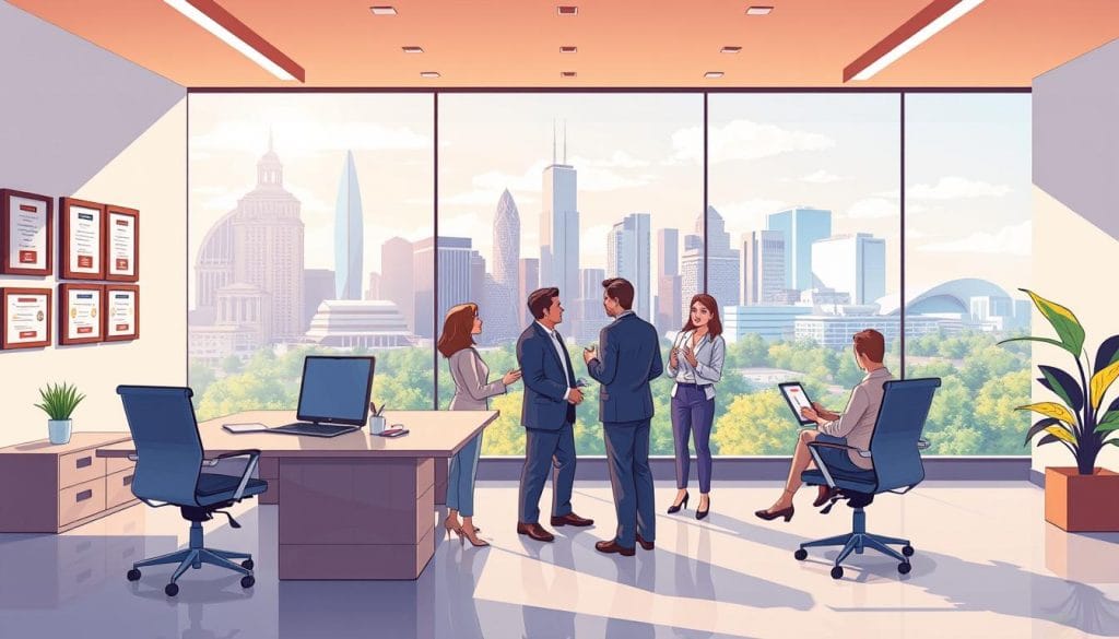 A vibrant and dynamic illustration showcasing "Sugar Land SEO Services". In the foreground, a sleek and modern office space with minimalist decor, including a large, glossy desk and ergonomic chairs. The walls are adorned with framed certifications and awards, conveying the company's expertise and credibility. In the middle ground, a team of professionals, dressed in business attire, engaged in animated discussions, collaborating on strategies to optimize online visibility for local businesses. The background features the iconic skyline of Sugar Land, Texas, with its towering skyscrapers and lush greenery, creating a sense of place and connection to the local community. The overall scene is bathed in warm, natural lighting, exuding a professional and trustworthy atmosphere.