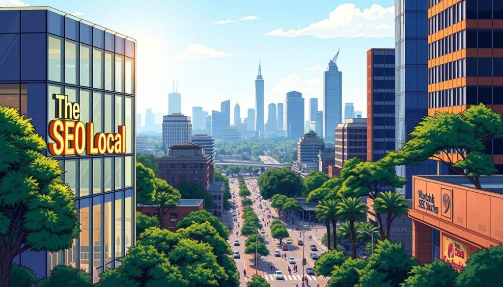 A bustling cityscape of The Woodlands, Texas, nestled among lush greenery and towering skyscrapers. In the foreground, a modern office building with sleek, minimalist architecture takes center stage, its façade adorned with the bold, neon-lit "The Woodlands SEO Local" signage. Sunlight filters through the glass, casting a warm, inviting glow over the scene. In the middle ground, a bustling street filled with pedestrians and vehicles, capturing the vibrant energy of the local community. In the background, a panoramic view of the city skyline, with the iconic landmarks of The Woodlands silhouetted against a clear, azure sky. The overall atmosphere exudes a sense of innovation, progress, and technological prowess, reflecting the "Innovative SEO Strategies" that are the focus of the article.