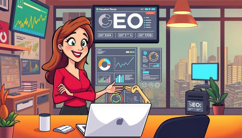A small business owner, Katy, stands confidently in her local Houston, Texas SEO office, surrounded by vibrant digital displays and analytical charts. Warm lighting illuminates the scene, casting a professional, inviting atmosphere. In the foreground, Katy gestures towards a laptop, explaining the benefits of optimizing her online presence to increase visibility and attract more customers. The middle ground showcases various SEO tools and strategies, while the background features a cityscape, emphasizing the local, community-focused nature of her enterprise. The overall composition conveys Katy's expertise, dedication, and passion for helping local businesses thrive through effective search engine optimization. A small business owner, Katy, stands confidently in her local Houston, Texas SEO office, surrounded by vibrant digital displays and analytical charts. Warm lighting illuminates the scene, casting a professional, inviting atmosphere. In the foreground, Katy gestures towards a laptop, explaining the benefits of optimizing her online presence to increase visibility and attract more customers. The middle ground showcases various SEO tools and strategies, while the background features a cityscape, emphasizing the local, community-focused nature of her enterprise. The overall composition conveys Katy's expertise, dedication, and passion for helping local businesses thrive through effective search engine optimization.