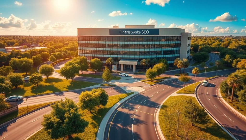 A vibrant aerial view of Pearland, Texas, showcasing the "FPR Networks SEO" office building. The modern structure stands tall against a backdrop of lush greenery and clear blue skies, with the Houston Texas SEO brand prominently displayed on the facade. The scene is bathed in warm, golden lighting, creating a welcoming and professional atmosphere. In the foreground, the winding roads of Pearland lead visitors directly to the business, inviting them to explore the local SEO services on offer. The image captures the essence of Pearland's thriving business community and the expertise of the Houston Texas SEO team.