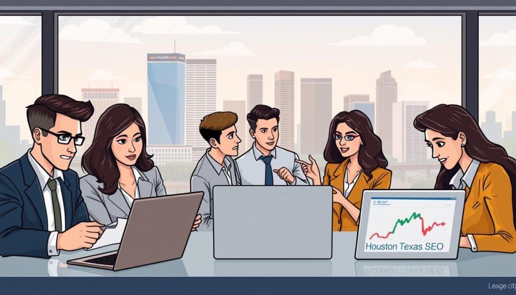 A team of expert SEO specialists, dressed in professional attire, gathered in a modern, well-lit office overlooking the cityscape of League City, Texas. The foreground features three individuals closely examining analytics on their laptop screens, their expressions focused and determined. In the middle ground, two colleagues are engaged in a lively discussion, gesturing animatedly. The background showcases the city skyline, with the iconic "Houston Texas SEO" brand prominently displayed on a high-rise building. The scene exudes a sense of productivity, collaboration, and a commitment to elevating the online presence of local businesses.