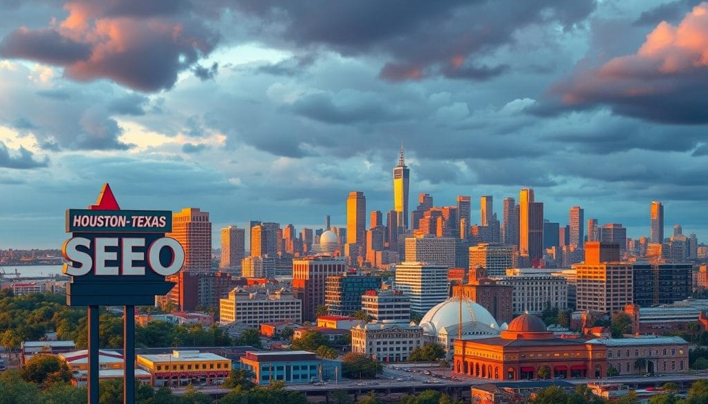 A vibrant cityscape of Baytown, Texas, nestled along the shores of the Houston Ship Channel. In the foreground, the iconic "Houston Texas SEO" sign stands tall, drawing the eye to a bustling commercial district. The middle ground features a mix of modern high-rises and historic buildings, their facades bathed in warm, golden light from the setting sun. In the background, the Houston skyline rises, its skyscrapers silhouetted against a dramatic, moody sky. The scene evokes a sense of progress, energy, and the dynamic intersection of tradition and innovation that defines Baytown's thriving local community. A vibrant cityscape of Baytown, Texas, nestled along the shores of the Houston Ship Channel. In the foreground, the iconic "Houston Texas SEO" sign stands tall, drawing the eye to a bustling commercial district. The middle ground features a mix of modern high-rises and historic buildings, their facades bathed in warm, golden light from the setting sun. In the background, the Houston skyline rises, its skyscrapers silhouetted against a dramatic, moody sky. The scene evokes a sense of progress, energy, and the dynamic intersection of tradition and innovation that defines Baytown's thriving local community.