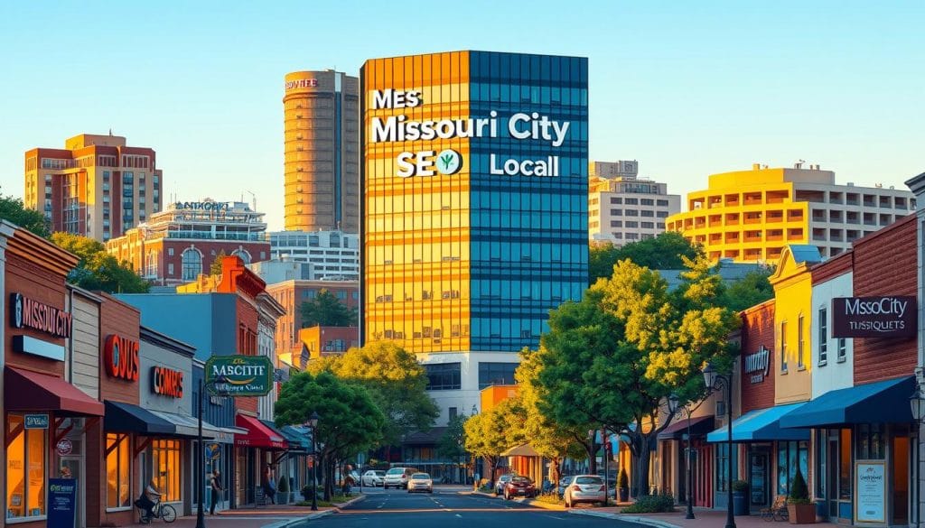 A vibrant cityscape of Missouri City, Texas, comes to life under warm, golden-hour lighting. In the foreground, a bustling pedestrian street showcases a variety of local businesses, their signage and storefronts reflecting the unique character of the community. In the middle ground, a modern office building stands tall, its sleek facade adorned with the bold "Missouri City SEO Local" branding. The background features a mix of residential and commercial structures, their architectural details and lush greenery creating a harmonious urban landscape. The overall scene conveys a sense of local pride, thriving enterprise, and a community that values its digital presence and online visibility. A vibrant cityscape of Missouri City, Texas, comes to life under warm, golden-hour lighting. In the foreground, a bustling pedestrian street showcases a variety of local businesses, their signage and storefronts reflecting the unique character of the community. In the middle ground, a modern office building stands tall, its sleek facade adorned with the bold "Missouri City SEO Local" branding. The background features a mix of residential and commercial structures, their architectural details and lush greenery creating a harmonious urban landscape. The overall scene conveys a sense of local pride, thriving enterprise, and a community that values its digital presence and online visibility.