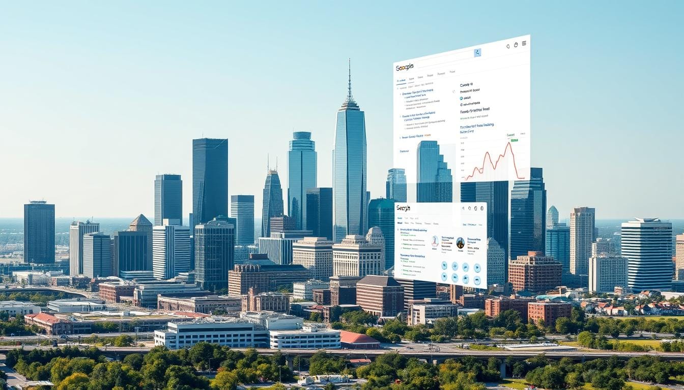 Houston skyline with digital marketing overlay showing SEO news in Houston 2025 trends