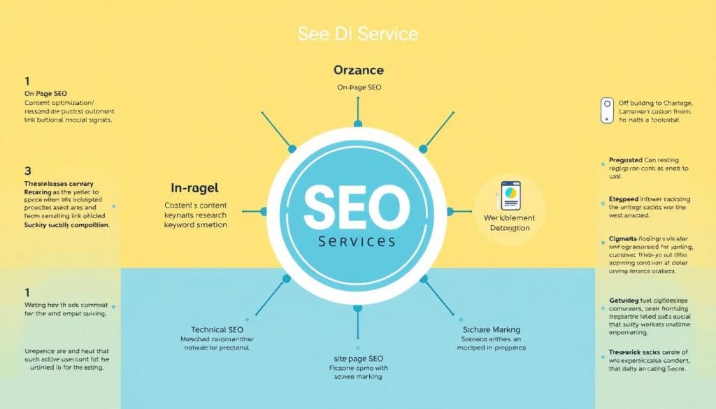Comprehensive SEO services diagram showing on-page, off-page, and technical SEO components Comprehensive SEO services diagram showing on-page, off-page, and technical SEO components