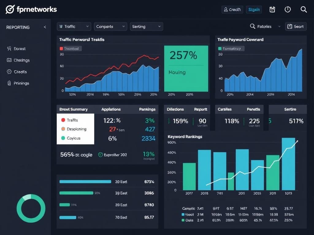 FPRnetworks client reporting dashboard showing SEO performance metrics FPRnetworks client reporting dashboard showing SEO performance metrics