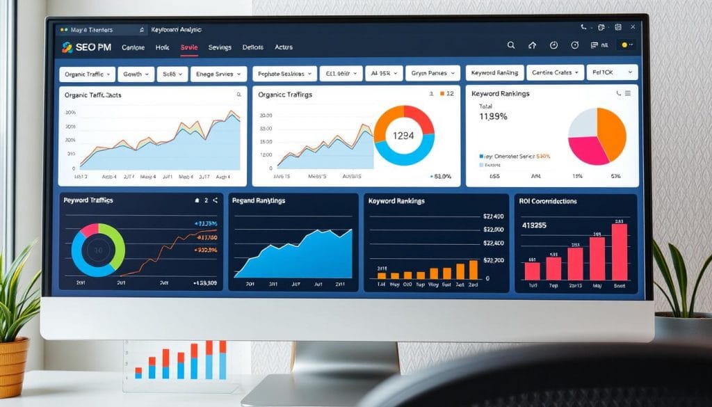 SEO analytics dashboard showing key performance metrics SEO analytics dashboard showing key performance metrics