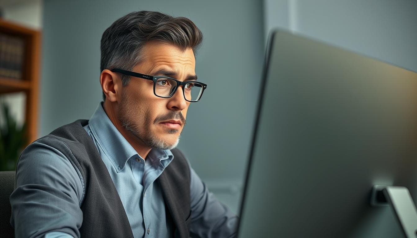 A business owner looking concerned at negative Google reviews on a computer screen showing bad Google review removal options