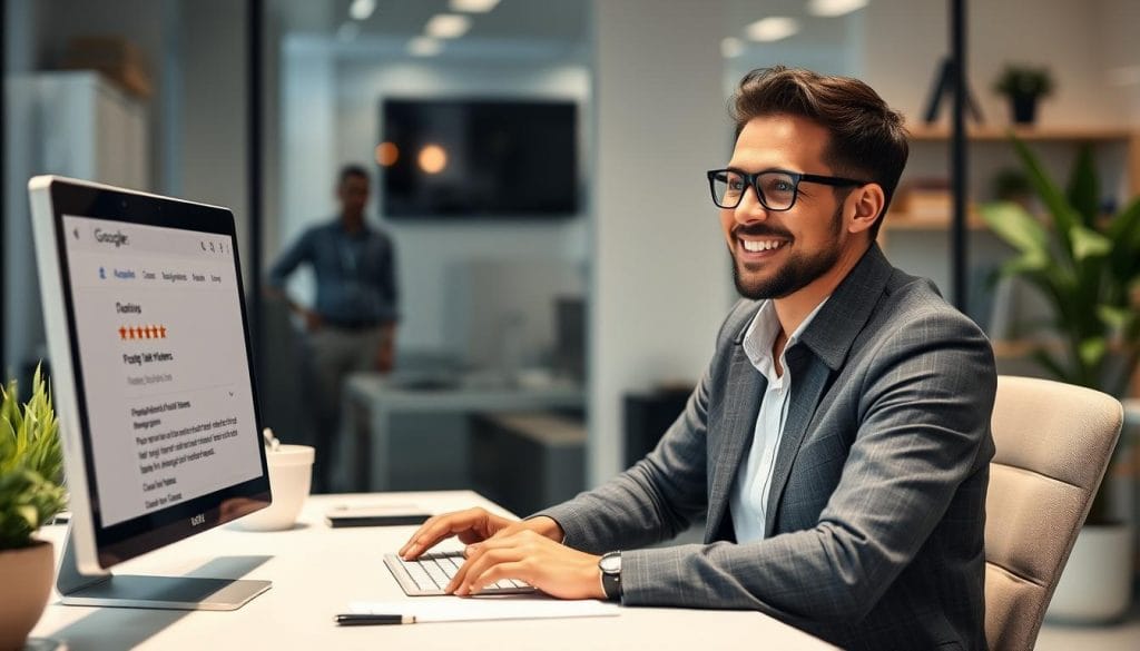 Business owner confidently managing online reputation after successful bad Google review removal
