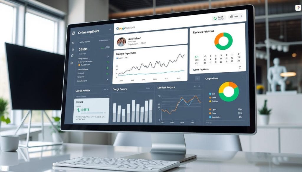 Dashboard showing online reputation monitoring tools tracking Google reviews and mentions