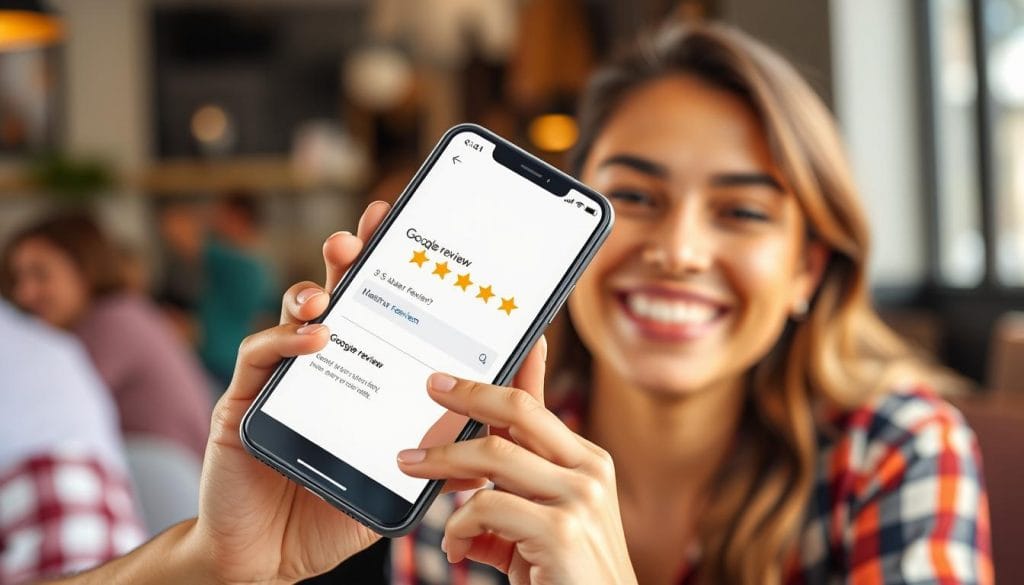 Happy customer leaving a 5-star Google review on smartphone, offsetting need for bad Google review removal