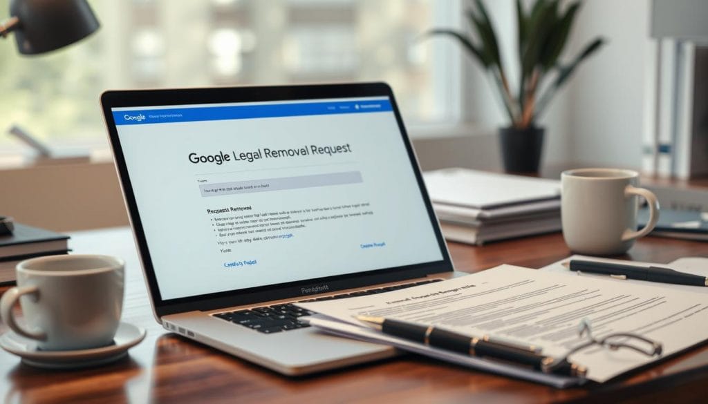 Legal documents and laptop showing Google's legal removal request form for bad Google review removal